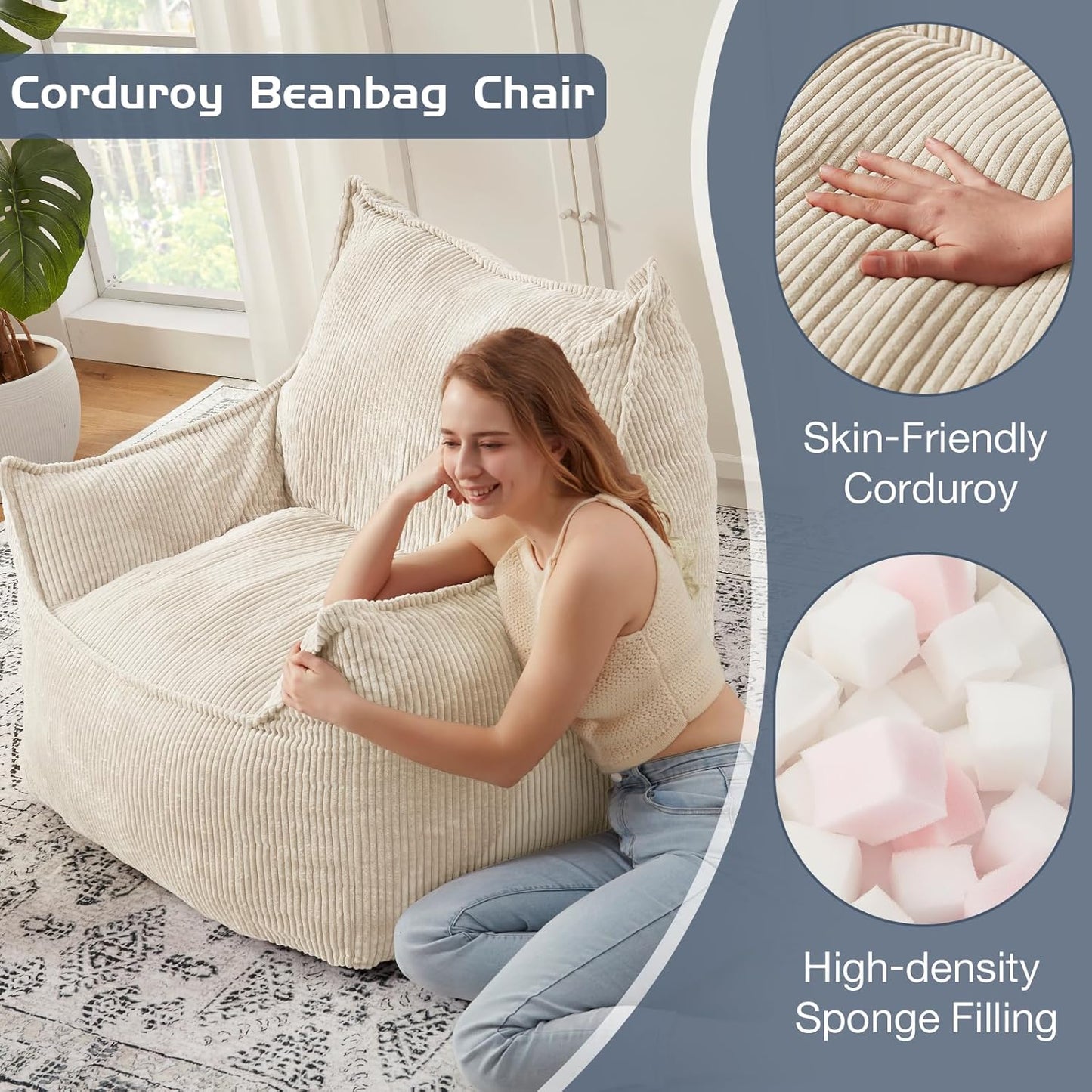 Giant Bean Bag Chair Sofa for Adults Teens, Comfy Corduroy Large Bean Bag Chairs with Armrests for Bedroom Living Room, Adult BeanBag Lazy Sofa Couch Chairs with Filler Included