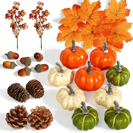 Artmag Pumpkin Decor Set, 25 PCS Fall Artificial Maple Leaves, Harvest Pumpkins, Acorns, Pine Cones and Orange Berry Stems Decorations for Fall Thanksgiving Table Decor