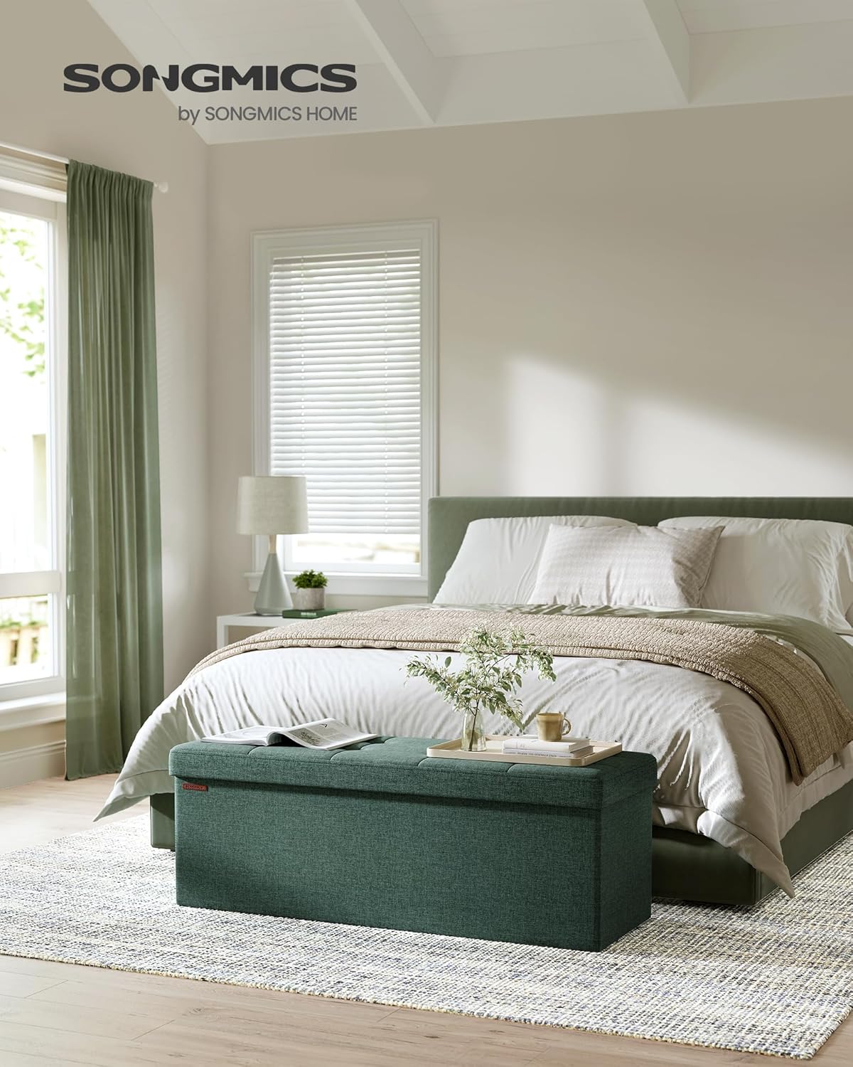 SONGMICS MAZIE Collection - 43 Inches Folding Storage Ottoman Bench, Ottoman Foot Rest, End of Bed Bench, Storage Chest, Load 660 lb, for Living Room, Bedroom, Entryway, Retro Green ULSF077C01