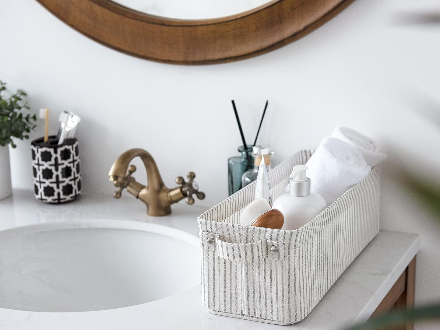 StorageWorks Narrow Storage Bins, Small Basket for Closet and Shelves, Fabric Organizer with Handles, Toilet Paper Storage, Gray and White Stripes, 2-Pack