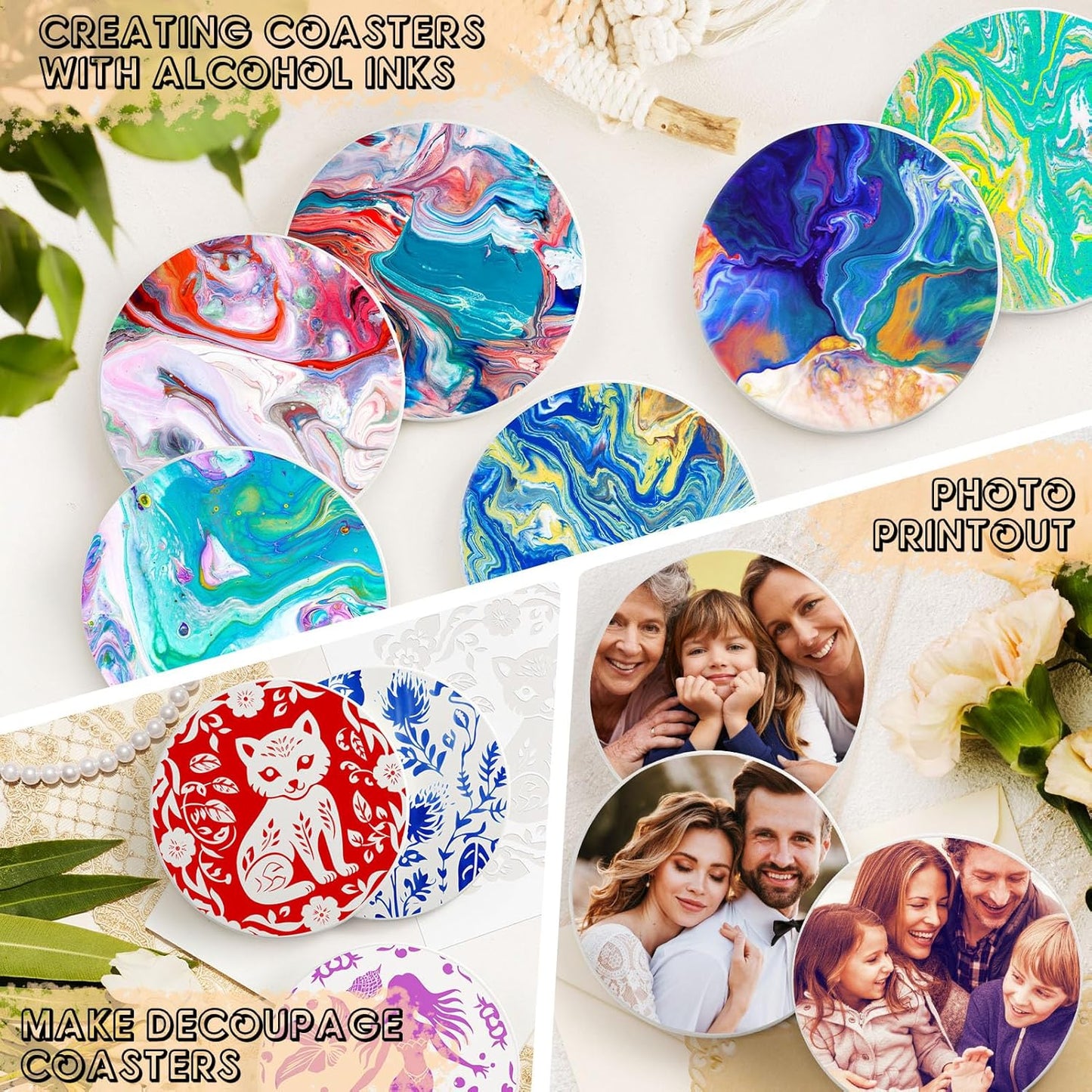 Ceramic Tiles for Crafts, GOH DODD 36 Pack Unglazed Blank Coasters with Cork Backing for Alcohol Ink Painting Acrylic Pouring Art Projects Housewarming Gifts Wedding School Education, Round, 4 Inch