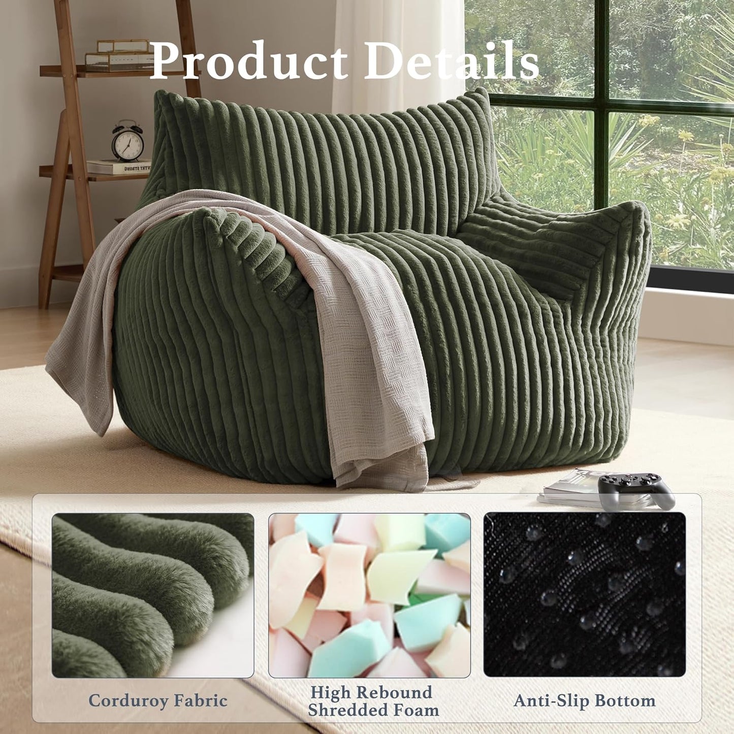 Giant Plush Bean Bag Chair for Adults with Armrests - Oversized Comfy Green Beanbag Lounge Lazy Floor Sofa Accent Chair for Living Room, Bedroom & Dorm, Cozy Fluffy Single Cloud Mini Couch