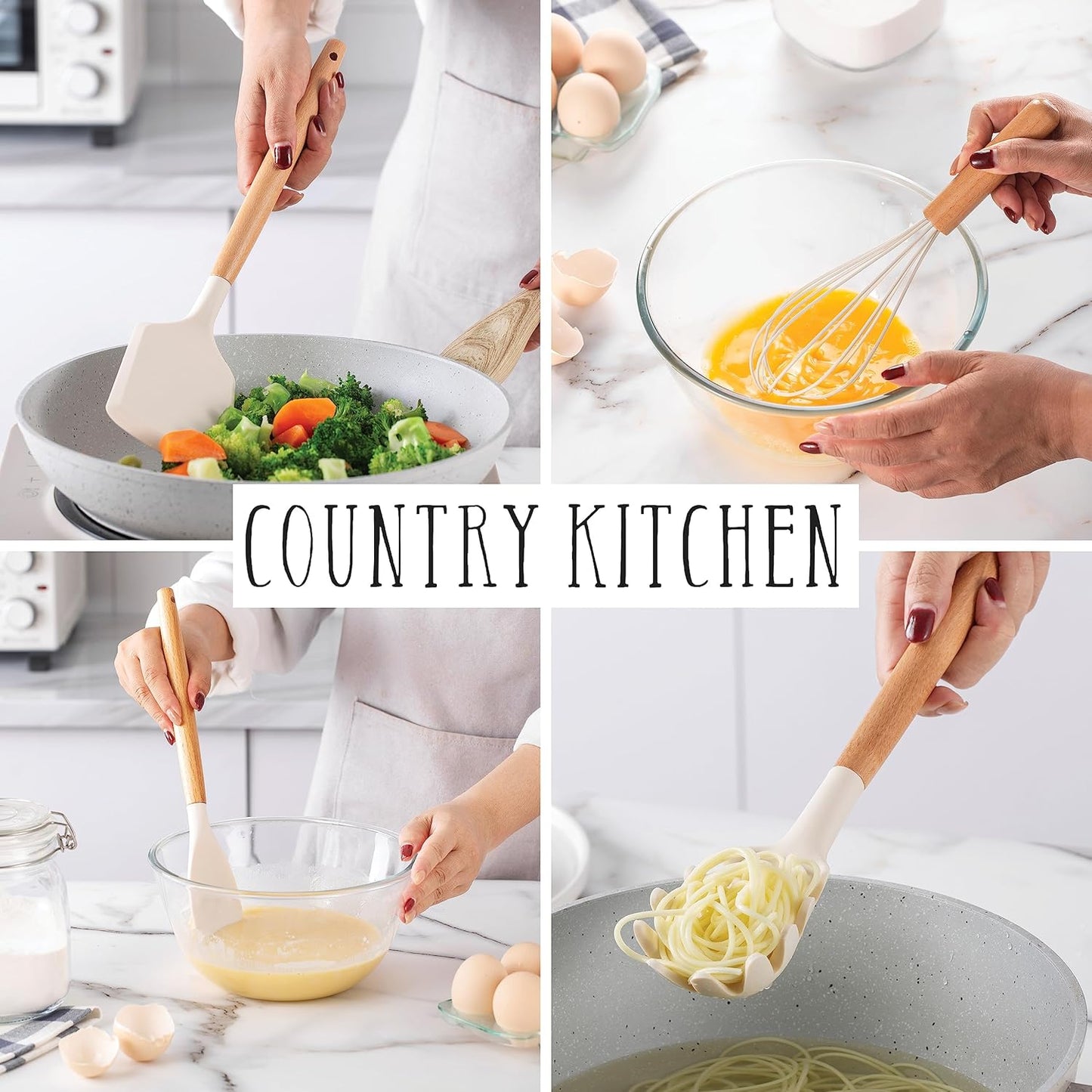 Country Kitchen Non Stick Silicone Utensil Set with Rounded Wood Handles for Cooking and Baking, 38 Piece Set, Khaki