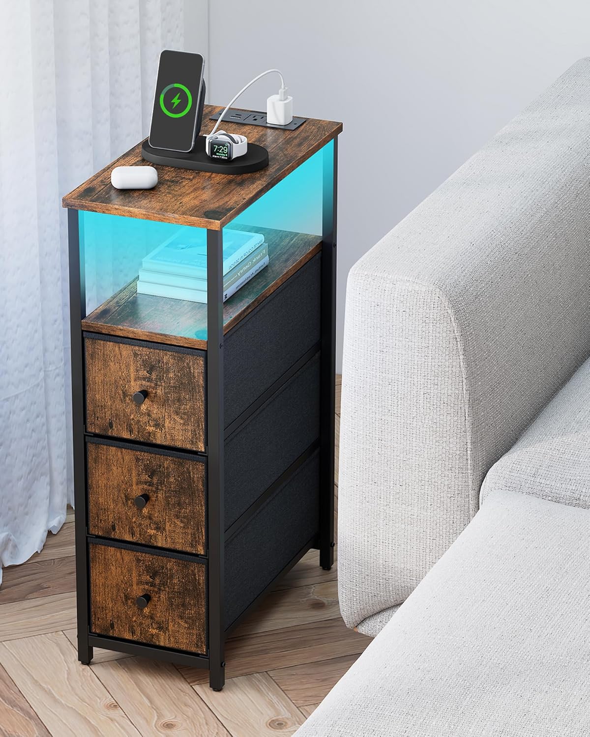 TUTOTAK Narrow LED Night Stand with Charging Station, Slim End Table with Plugins, Tall Side Table with 3 Fabric Drawer, Small Bedside Table with Storage, Set of 2, for Living Room, Brown TB01BB073L