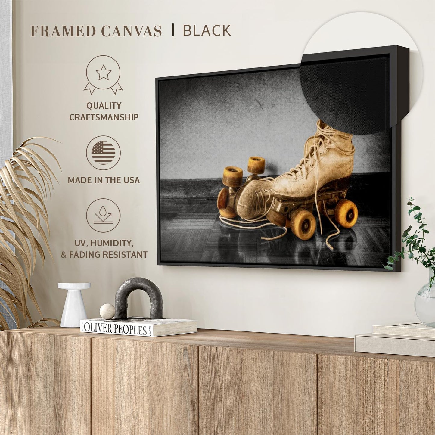 ElephantStock Vintage Skates Pop Wall Art - Horizontal Framed Canvas - 1-Piece Living Room Wall Decor - Sport Photography Canvas Print - Beige and Black Decor for Wall - 13" X 9"