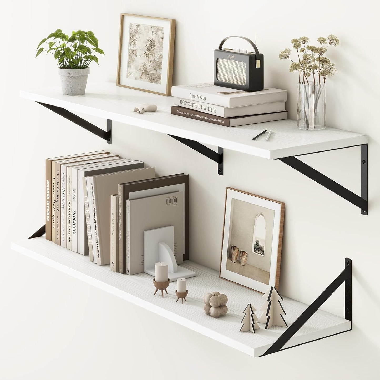 Fun Memories 40 Inch Floating Shelves, 10 Inch Deep Wall Shelf, 40 x 10 Floating Shelf Set of 2, White Wood Floating Shelf Wall Mounted, Large Kitchen Living Room Bedroom Storage Shelves