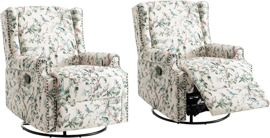 UIXE Swivel Rocker Manual Recliner Chairs Set of 2, Wingback Swivel Glider Fabric Nursery Reclining Sofa Chair, High Back Upholstered Arm Chair for Living Room Bedroom - Bird Pattern