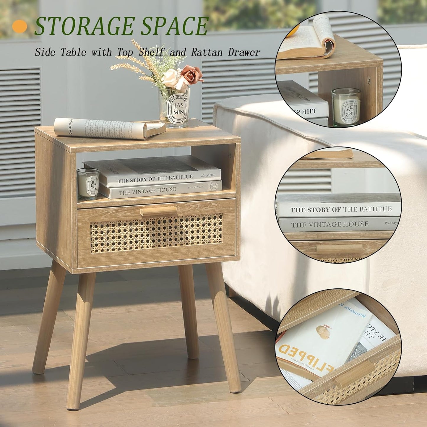 MaxSmeo Rattan Nightstand with Drawer, Mid Century Modern Wood Bedside Table for Living Room, Bedroom and Small Spaces (Rustic Walnut)