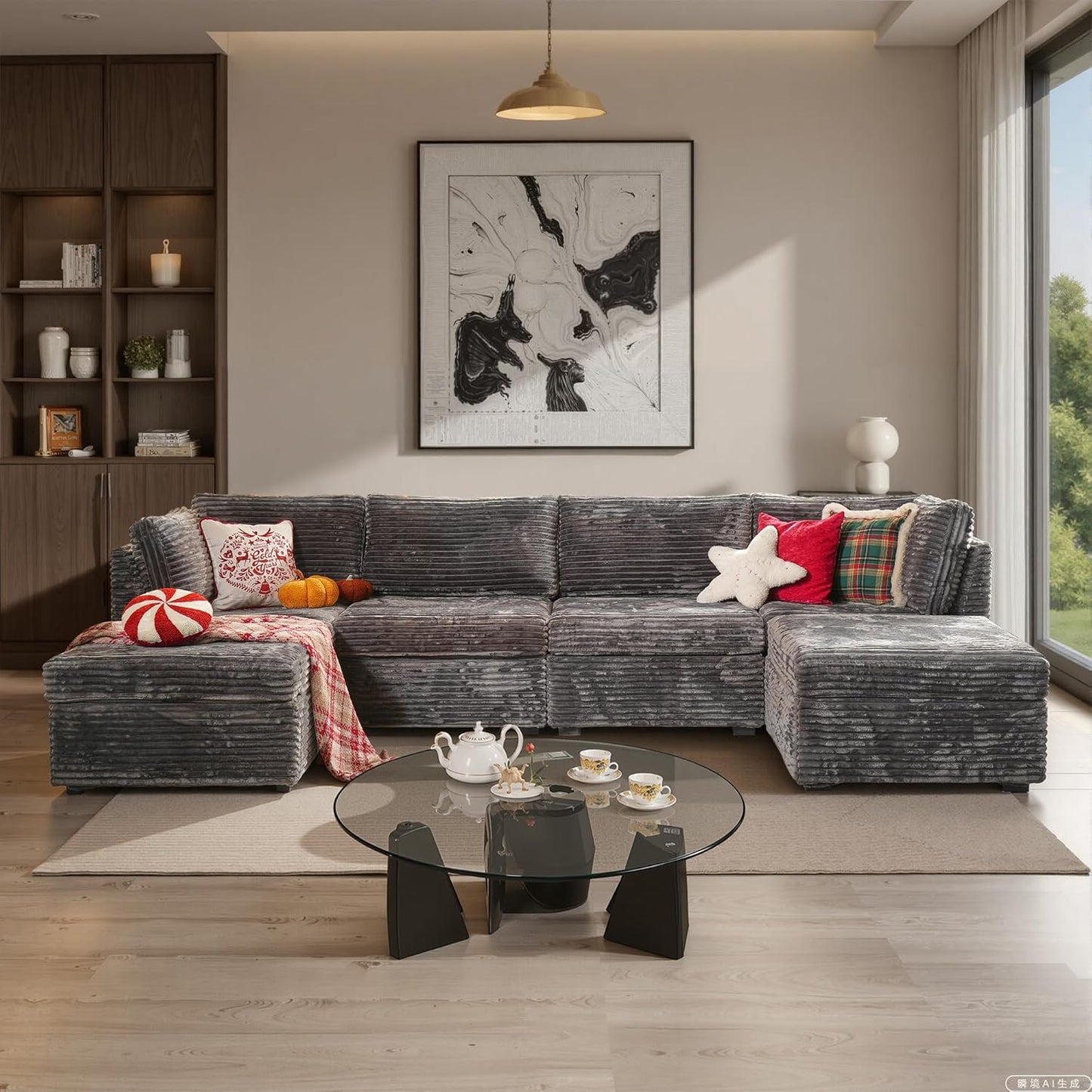 ovios Sectional Sofa Couch with U-Shape Chaise Ottomans, Comfy Modular Cloud Couches with Deep Seat, Modern Upholstered Plush Corduroy Sofas Set for Living Room, 6-Seater, Grey