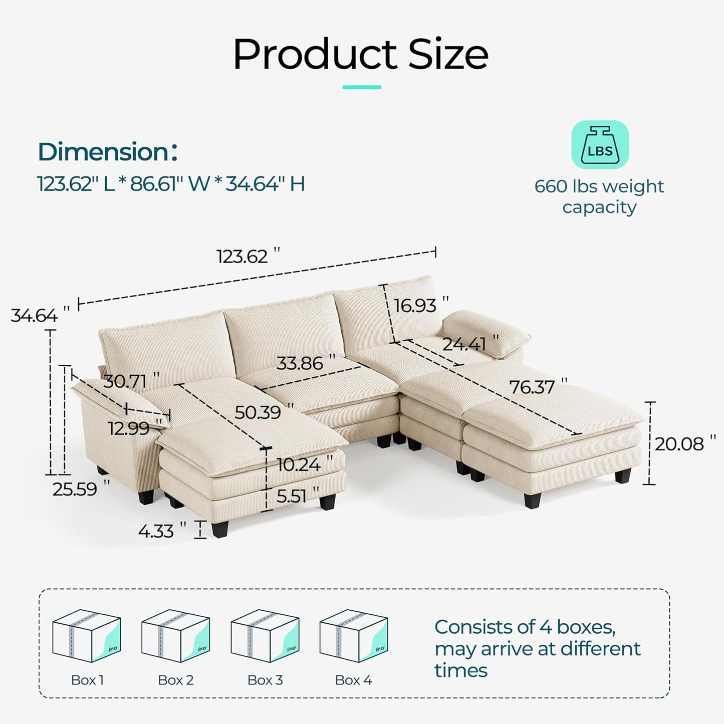 LINSY HOME Modular Sectional Sofa - 123'' Oversized Sleeper Sofa Cloud Couch Corduroy Sofa Bed with Movable Ottoman Soft Modern Comfy Couch for Living Room Apartment Office, Beige