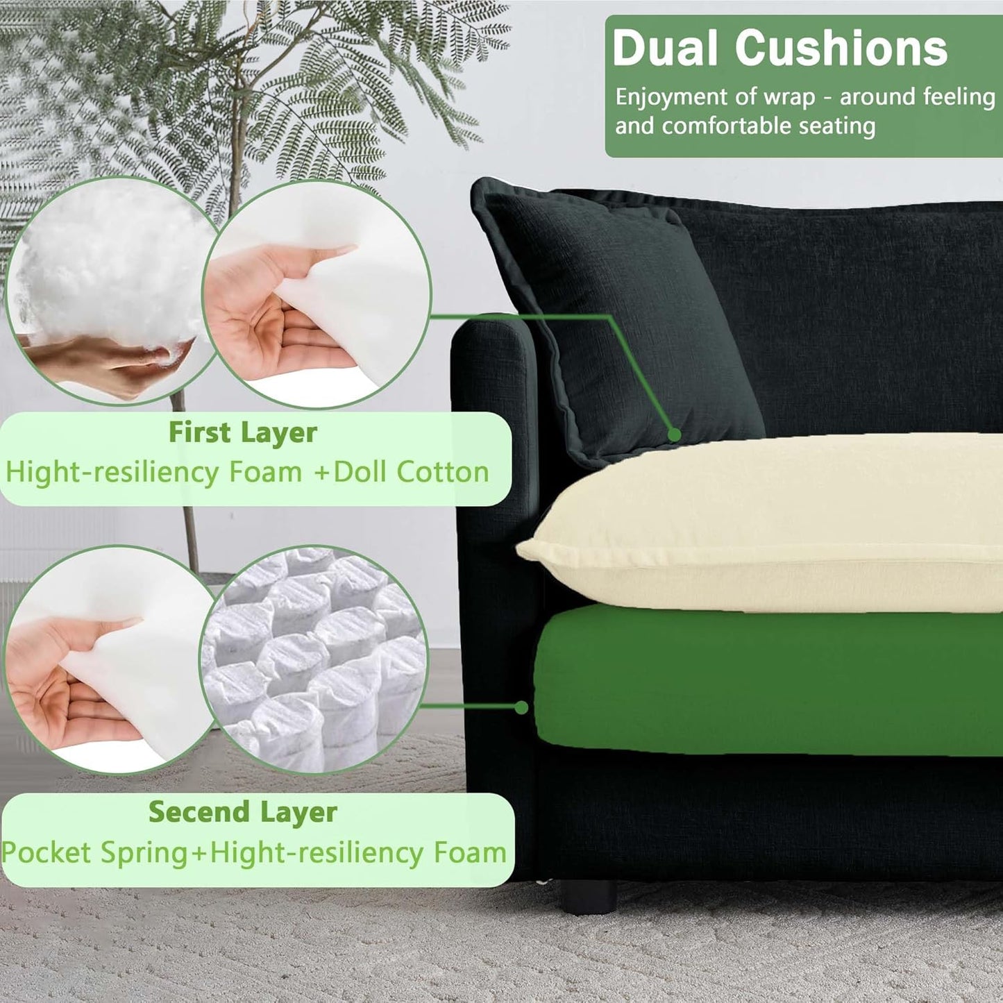 Sectional Sofa 4 Seater with Movable 1 Ottoman,Oversized Modular Couch Deep Seat (Black, 146.5 inch-L)