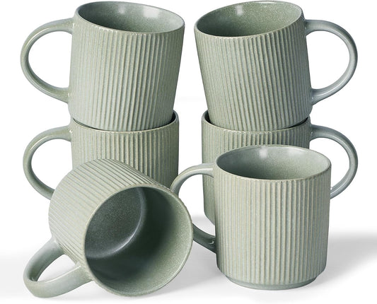 famiware Coffee Mug Set for 6, Star 12 oz Catering Mugs Cup Set with Handle for Coffee, Tea, Cocoa, Milk - Ceramic Stoneware Drinkware Set, Matte Green