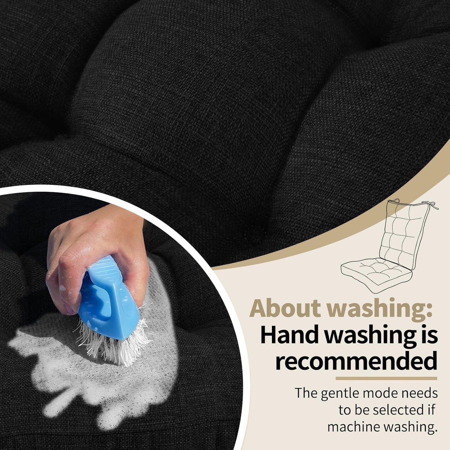 BUYUE Chair Cushion Set for Rocking Chair, Back Pillow & Seat Cushion with Ties, Original Woven Fabric Non-Slip Chair Pads for Elderly Sitting, Black