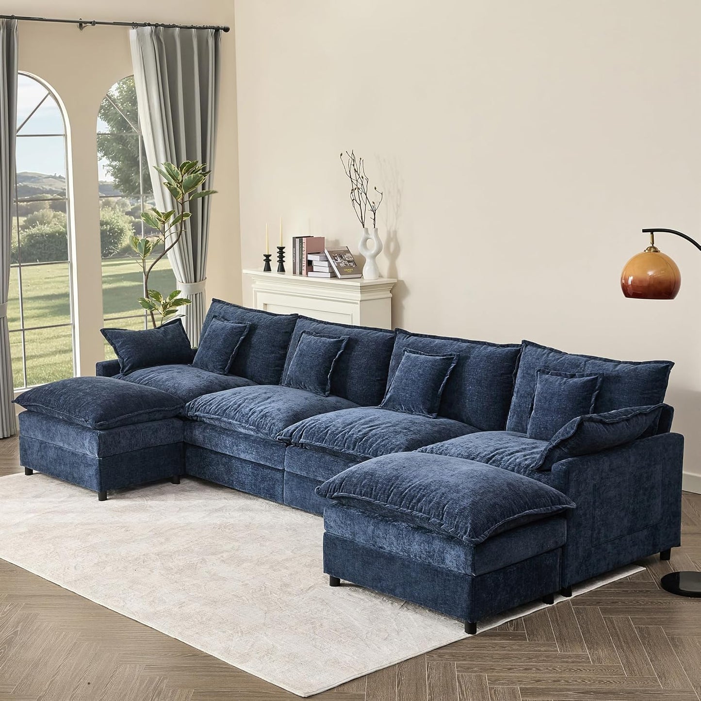 142.5" U Shaped Couch, Modular Sectional Sofa, 3-Seater Comfy Cloud Couch with Movable Ottoman, Deep Seat Couches for Living Room, Chenille, Navy