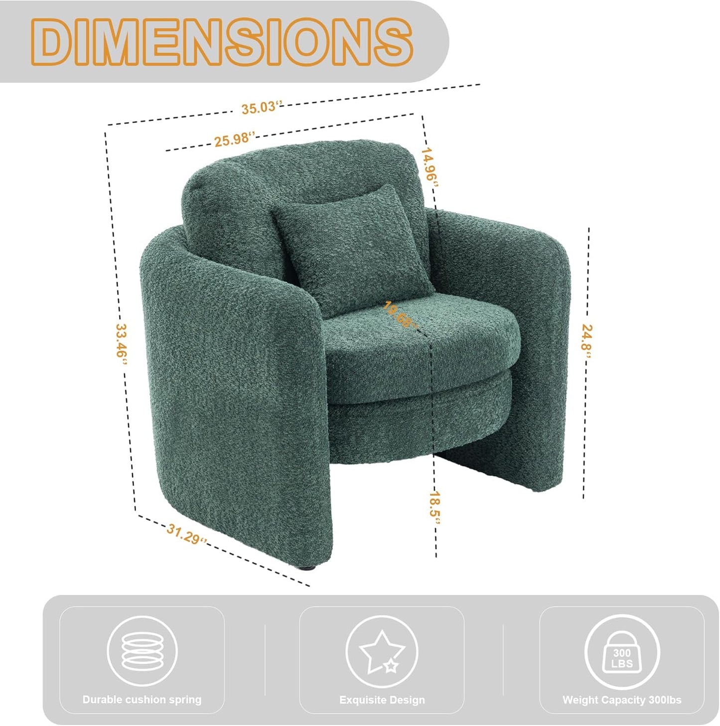 Chenille Accent Armchair Oversize Upholstered Barrel Comfy Modern Round Lounge Sofa Chair with Pillow Cozy Reading Chairs for Apartment,Office,Living Room,Dining,Makeup,Club,Green 2SET