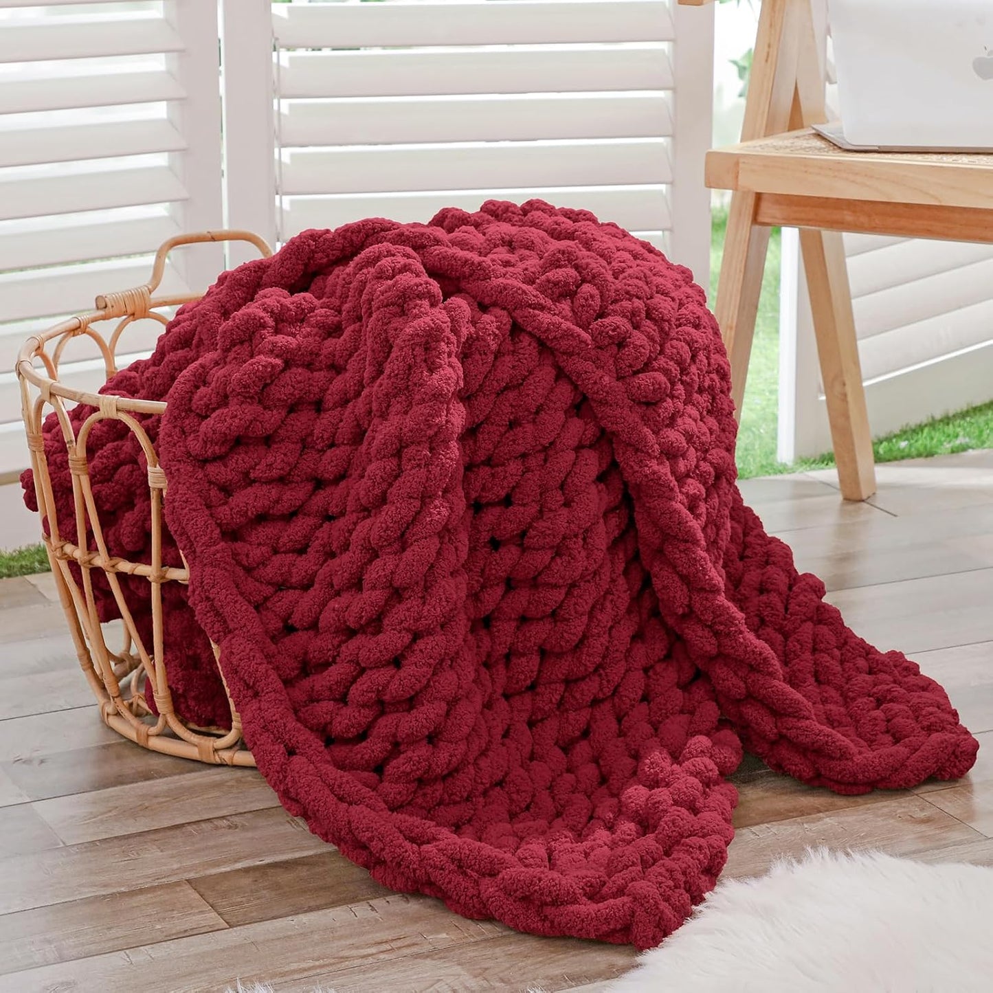 Bigacogo Chunky Knit Throw Blanket for Couch, 40x60 inches, 100% Hand Knitted with Thick Jumbo Chenille Yarn, Cozy Soft Large Rope Knot Cable Crochet Blankets for Sofa Bed Living Room, Red