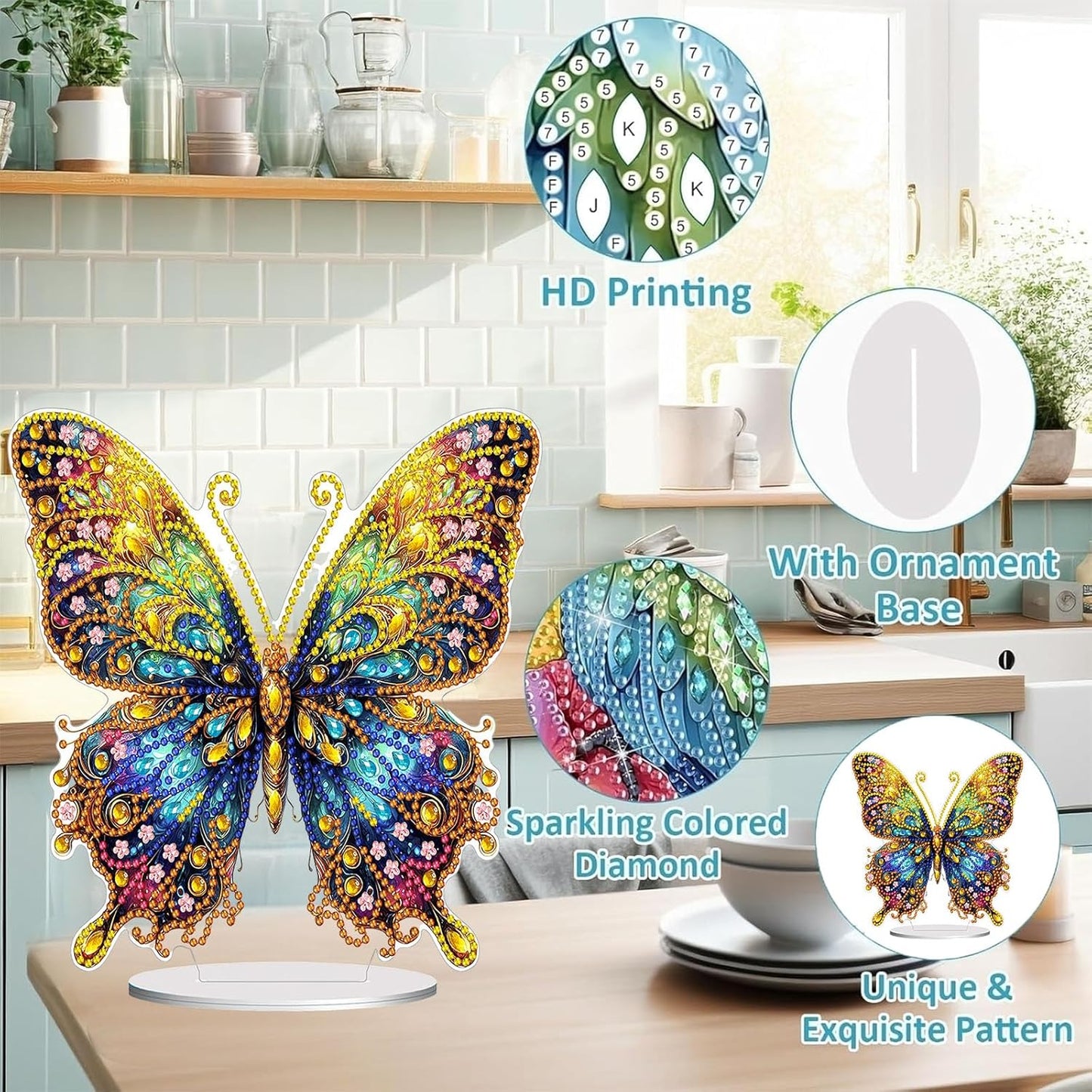 Diamond Painting Kits for Adults Beginners, 5D Full Drill Flowers and Butterfly Crystal Art Desktop Ornament, DIY Single Sided Home Office Desk Decor, Creative Craft Gift Set with Tools