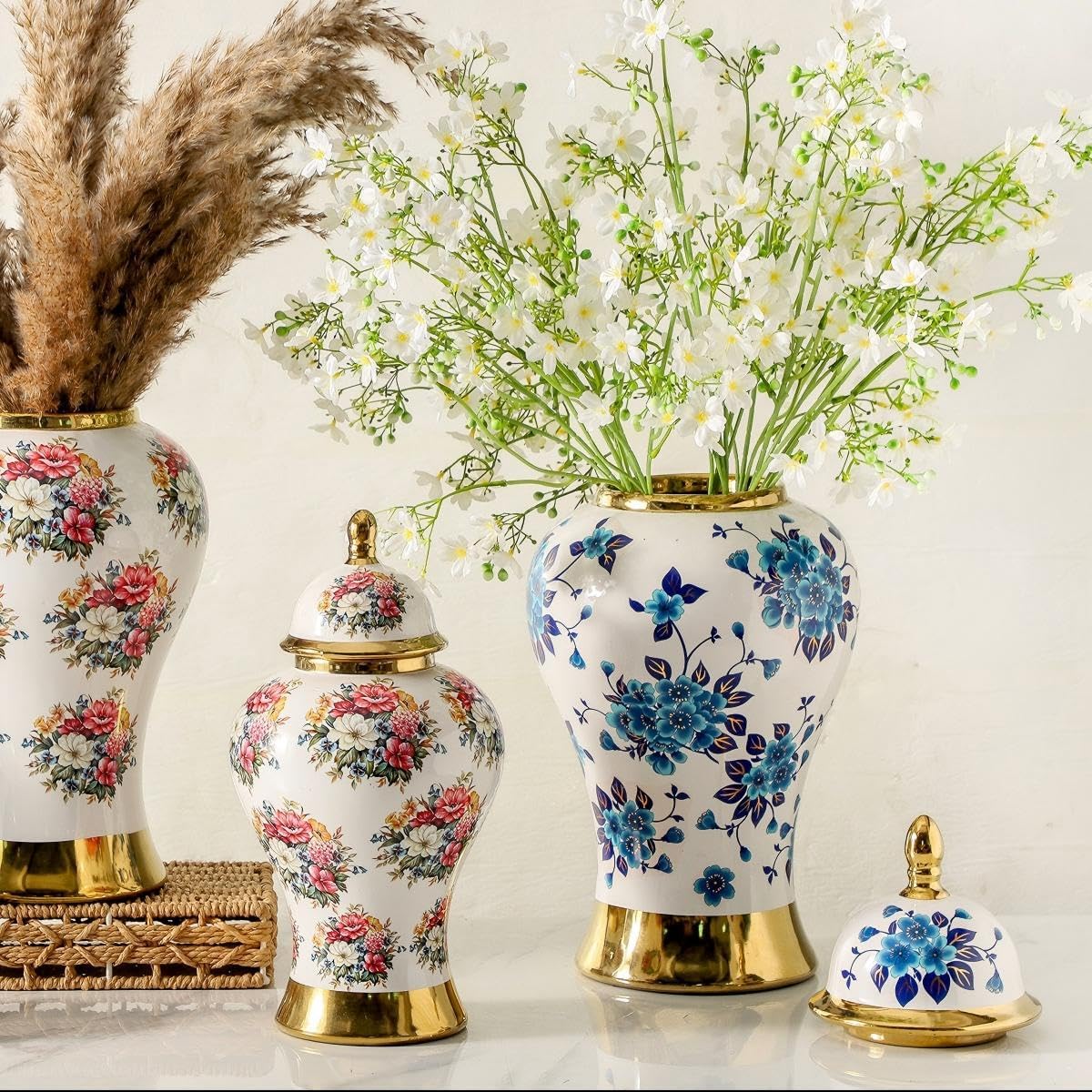 Ginger Jars for Home Decor, White and Gold Vase, Porcelain Ginger Jar Chinoiserie Blue and White Vase with Gold Trim and Floral Pattern, Ceramic Flower Vase for Home, Temple and Storage Jars(12in)