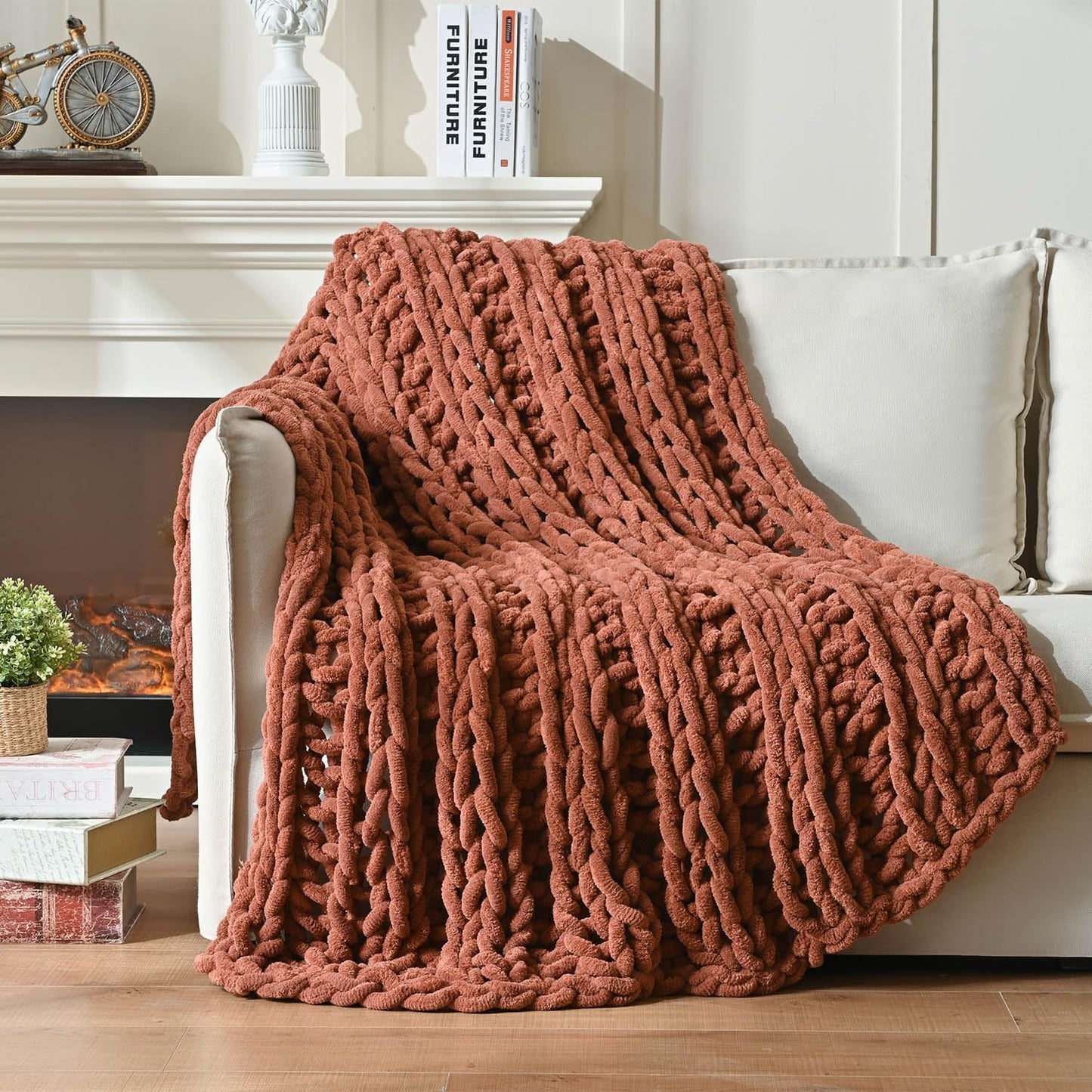 Esterra Chunky Knit Blanket Throw, 100% Handmade Chenille Throw Blanket 50"x60", Soft Thick Yarn Cable Knit Crochet Throw Blanket Rope Knot Throw for Couch Bed Sofa, Copper Brown
