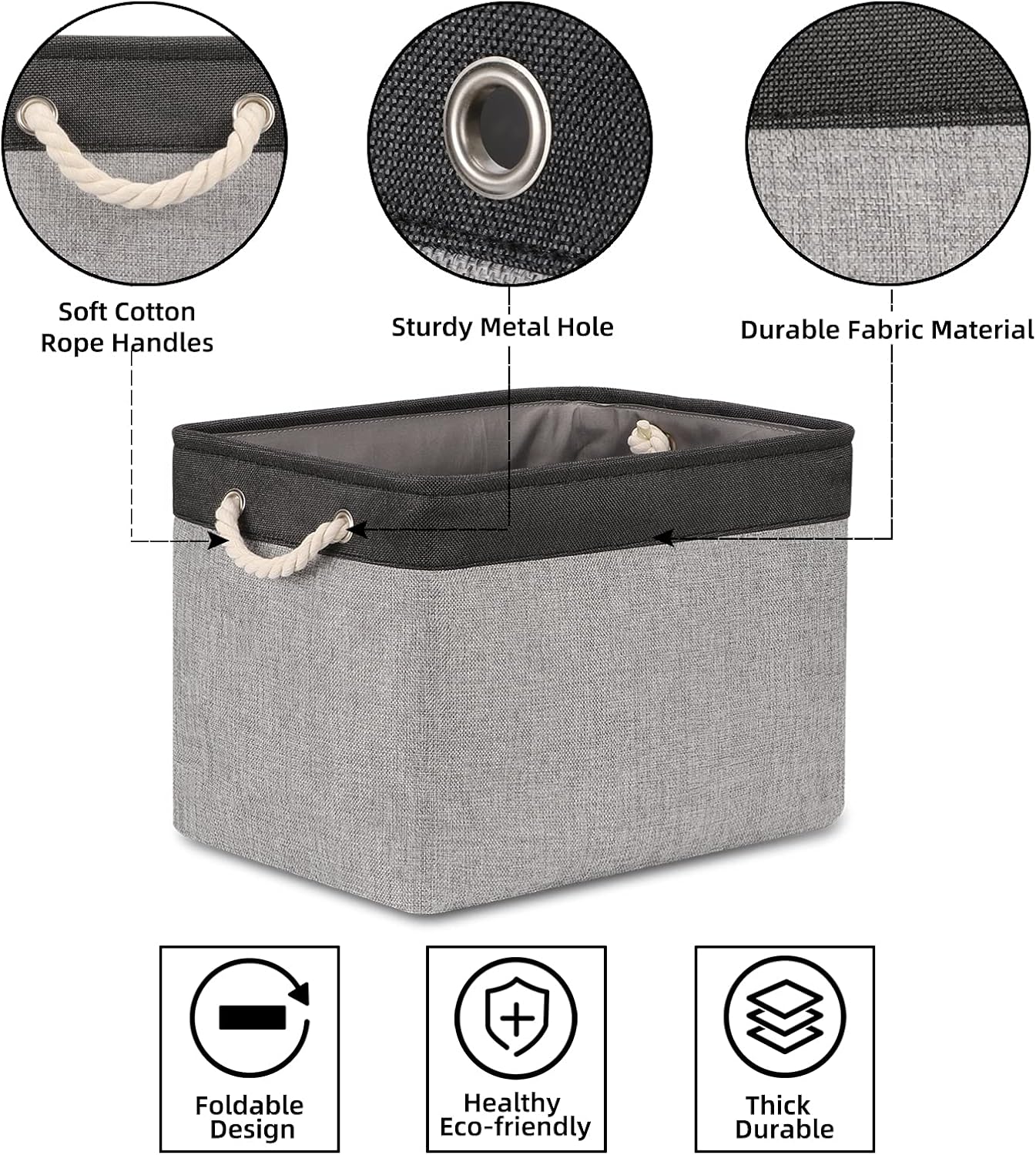 Bidtakay Fabric Storage Baskets with Handles [2-Pack] Large Canvas Organizer 16" X 11.8" X 11.8" Foldable Tall Baskets Rectangular Gift Basket Decorative Storage Bins for Closet, Home(Black&Grey)