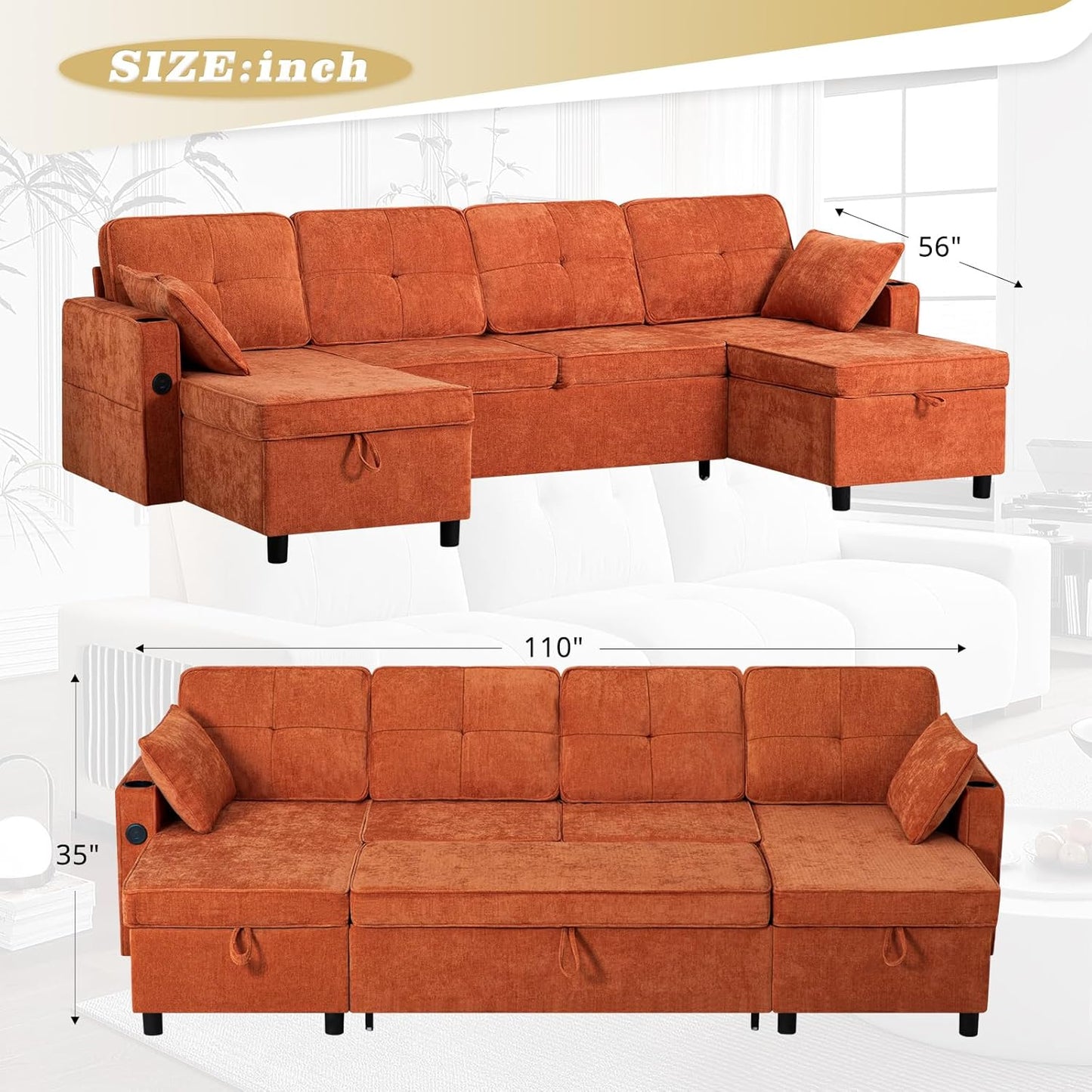ACMEASE110“ Inches L-Shaped Pull Out Sofa Bed w/Storage Chaise & Adjustable Back, Chenille Sectional Sofa w/USB Port,Tufted Sleeper Couch w/Cup Holders for Living Room, Orange