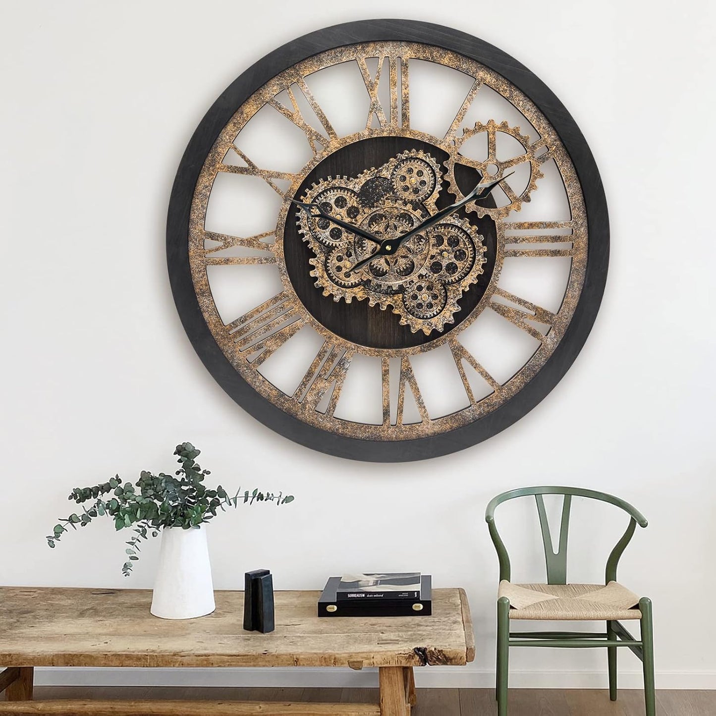 HOIBAI Wall Clock, Large Wall Clocks for Living Room Decor 18 Inch Battery Operated Silent Non-Ticking Modern Farmhouse Vintage Roman Big Wall Clock for Home Bedroom House, Moving Gears Clock