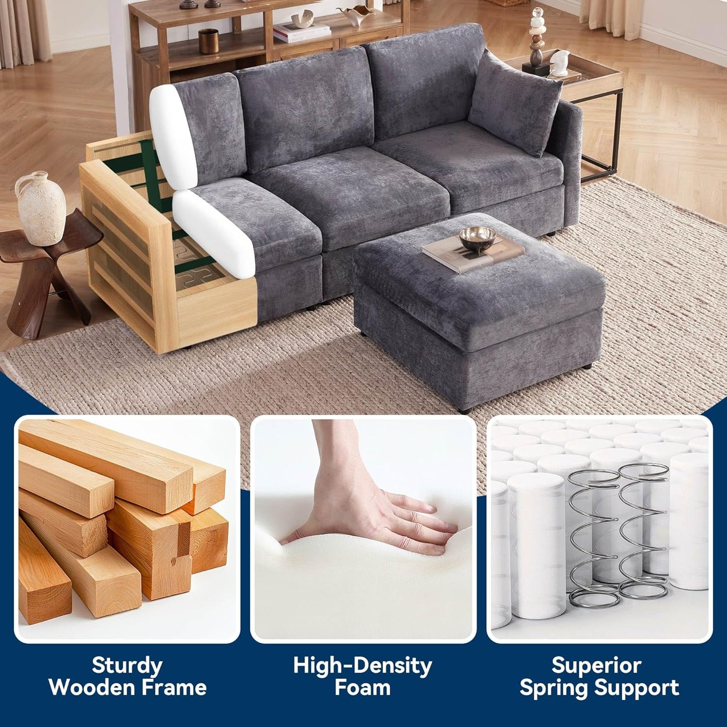 Tbfit Convertible L Shaped Couch, Sectional Sofa for Living Room,Chenille Cloud Couch with Ottoman 4 Seat (Grey)