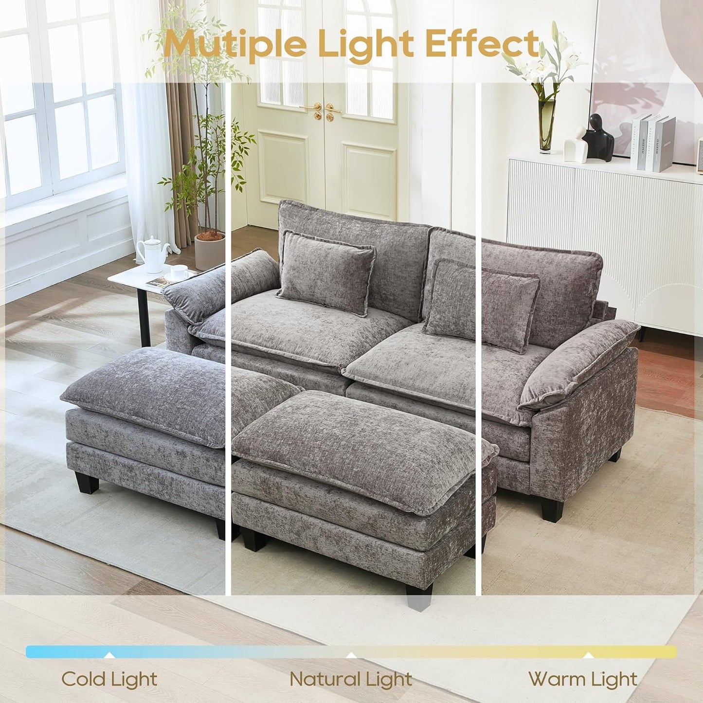 URRED Modular Sectional Sofa Comfy Cloud Couch, Modern Chenille Sofa Sleeper Deep Seat Couches with Ottoman/Pillows for Living Room (Gray, 82.6''- 2 Ottomans)