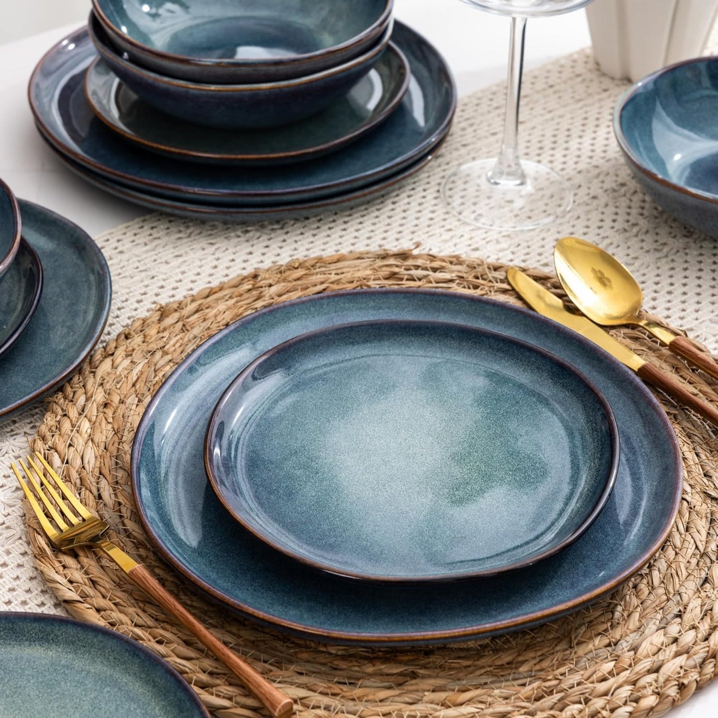 AmorArc Ceramic Dinnerware Sets,Handmade Reactive Glaze Stoneware Plates and Bowls Set,Highly Scratch Resistant | Dishwasher & Microwave Safe,Service for 4 Dishes Set - Reactive Blue(12pc)