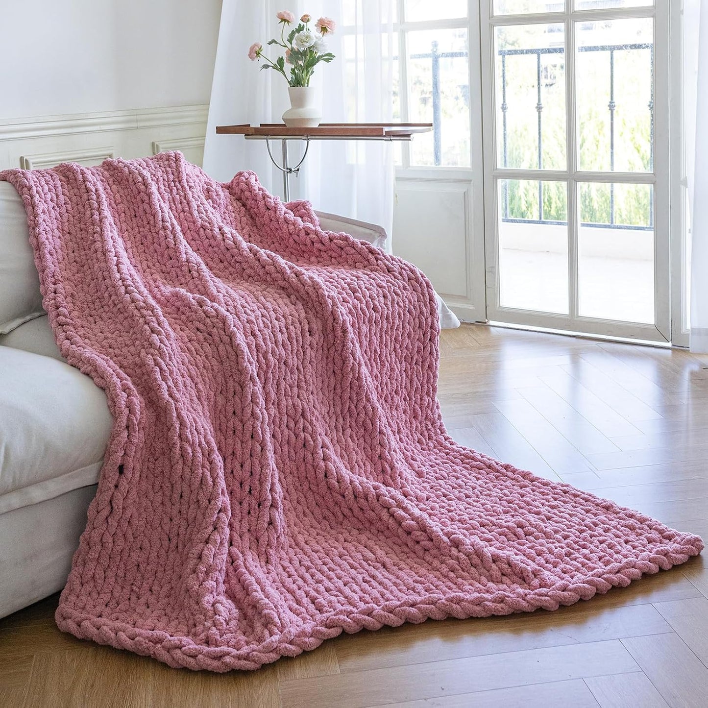 Chunky Knit Blanket - Luxury Soft Cozy 50 * 60 Throw Blanket,100% Woven Blanket Rope Knot Throw Blanket for Couch, Sofa, Home Decor, Gift - Machine Washable（Pink）