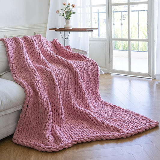 Chunky Knit Blanket - Luxury Soft Cozy 50 * 60 Throw Blanket,100% Woven Blanket Rope Knot Throw Blanket for Couch, Sofa, Home Decor, Gift - Machine Washable（Pink）