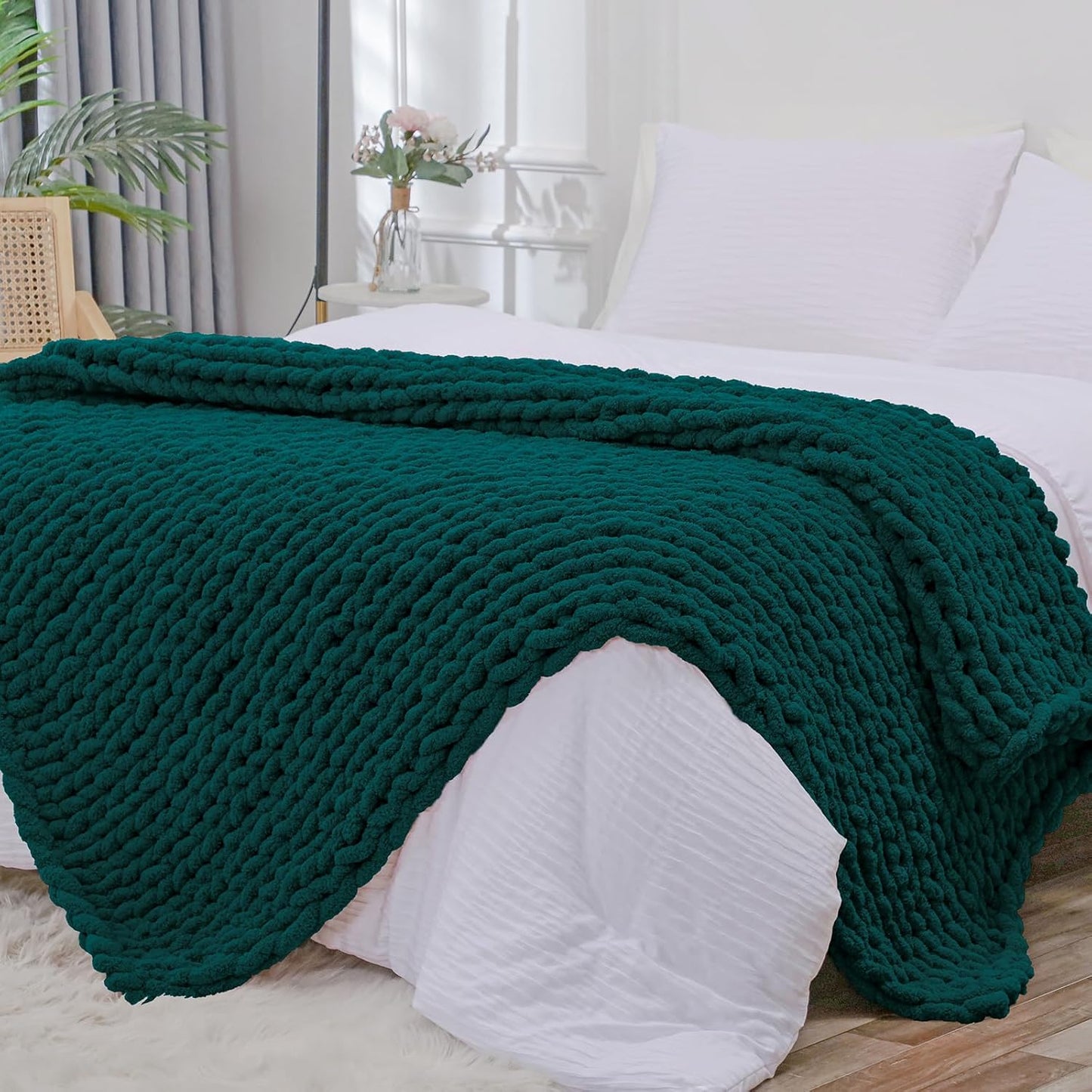Bigacogo Chunky Knit Throw Blanket for Couch, 51x63 inches, 100% Hand Knitted with Thick Jumbo Chenille Yarn, Cozy Soft Large Rope Knot Cable Crochet Blankets for Sofa Bed Living Room, Dark Green