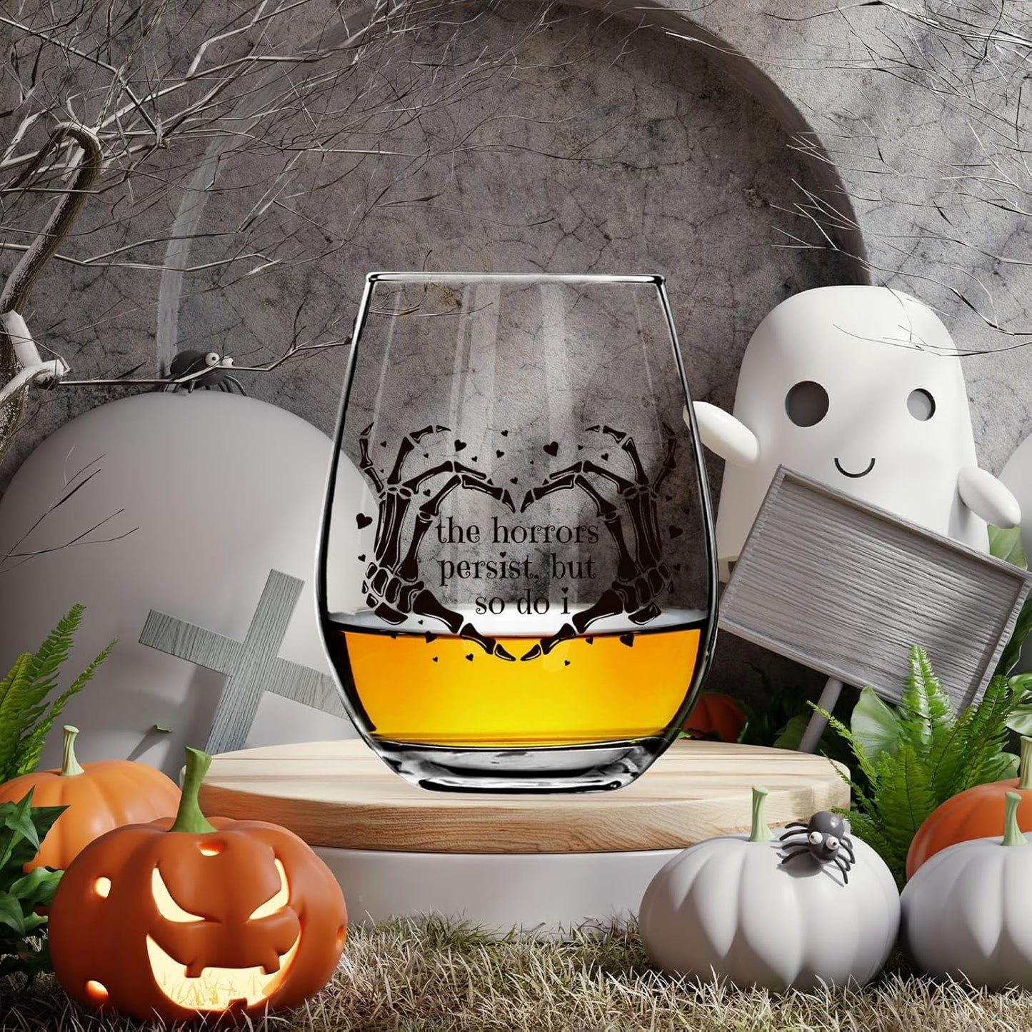 The Horrors Persist But So Do I Wine Glass,Skeleton Heart Hands,Funny Halloween&Valentine's Day Wine Glass,15oz