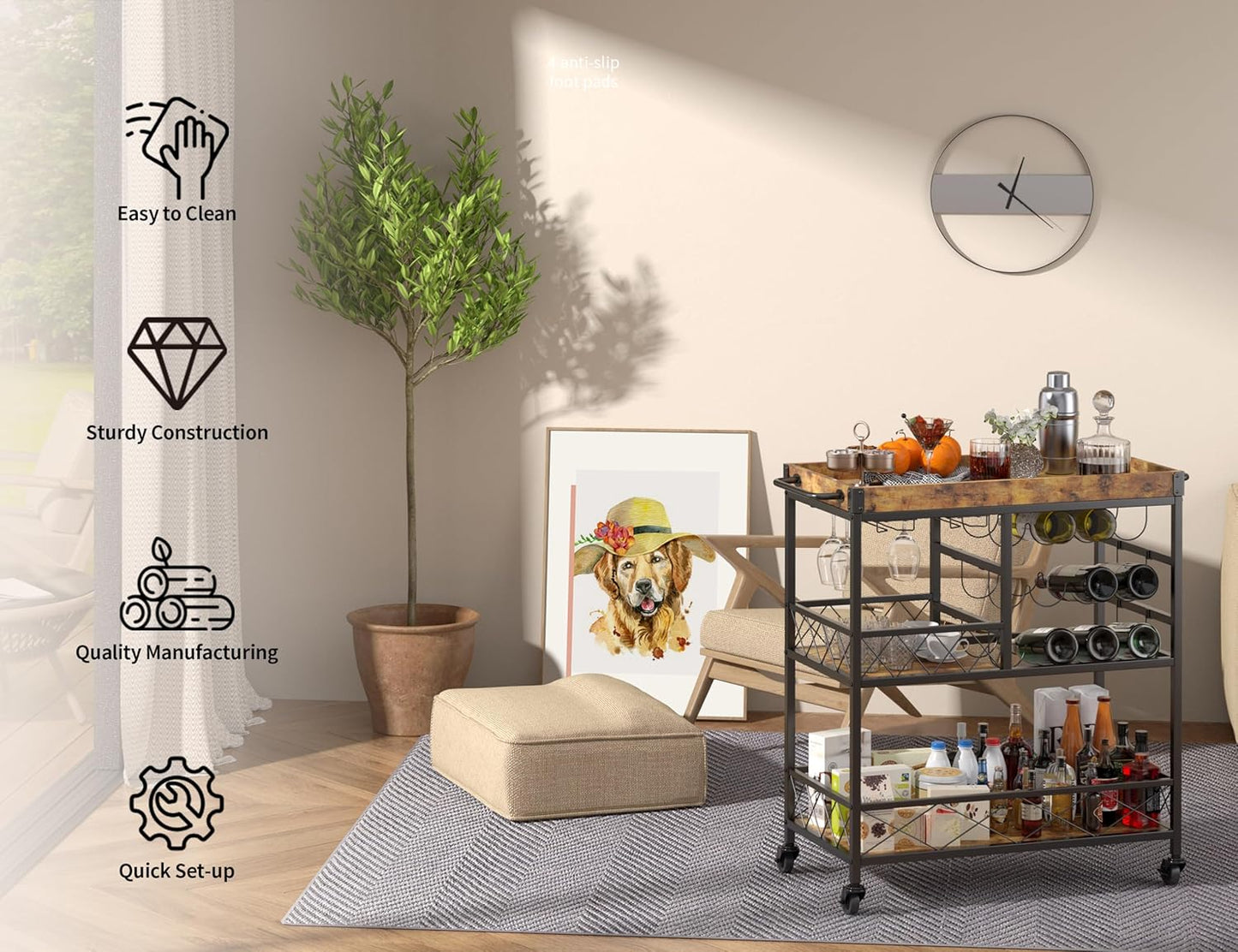 Gizoon Bar Cart, 3 Tier Coffee Cart with Lockable Wheels, 12-Bottle Wine Rack, and Hanging Glass Holder, Kitchen Rack with Removable Tray, for Kitchen, Dining Room, Entertaining, Club Party,Retro