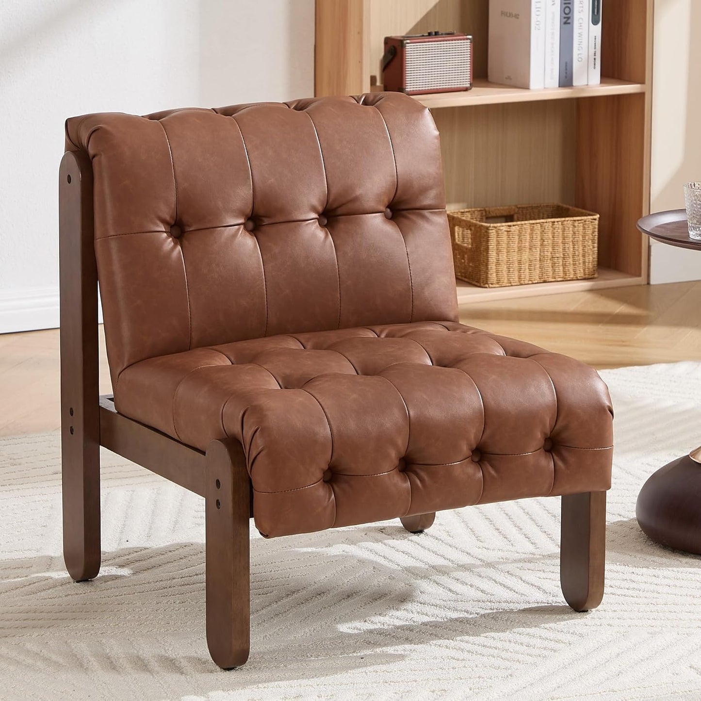 Modern Armless Accent Chair for Living Room, Brown PU Leather Button Tufted Upholstered Lounge Reading Chair with Walnut Wood Frame