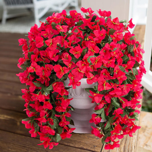 Faux Bougainvillea Artificial Flowers Plants for Outdoor Outside Decoration, 2 PCS Red Fake Flowers UV Resistant Look Real Silk Long Trailing Vines for Front Door Porch Planter Urn Patio Garden Yard