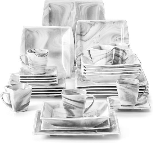 MALACASA Dinnerware Sets, 30 Piece Porcelain Plates and Bowls Sets for 6, Square Dish Set with Dinner Plates Set, Cup and Saucer, Modern Dishware Dishes Microwave Safe, Marble Grey, Series Blance