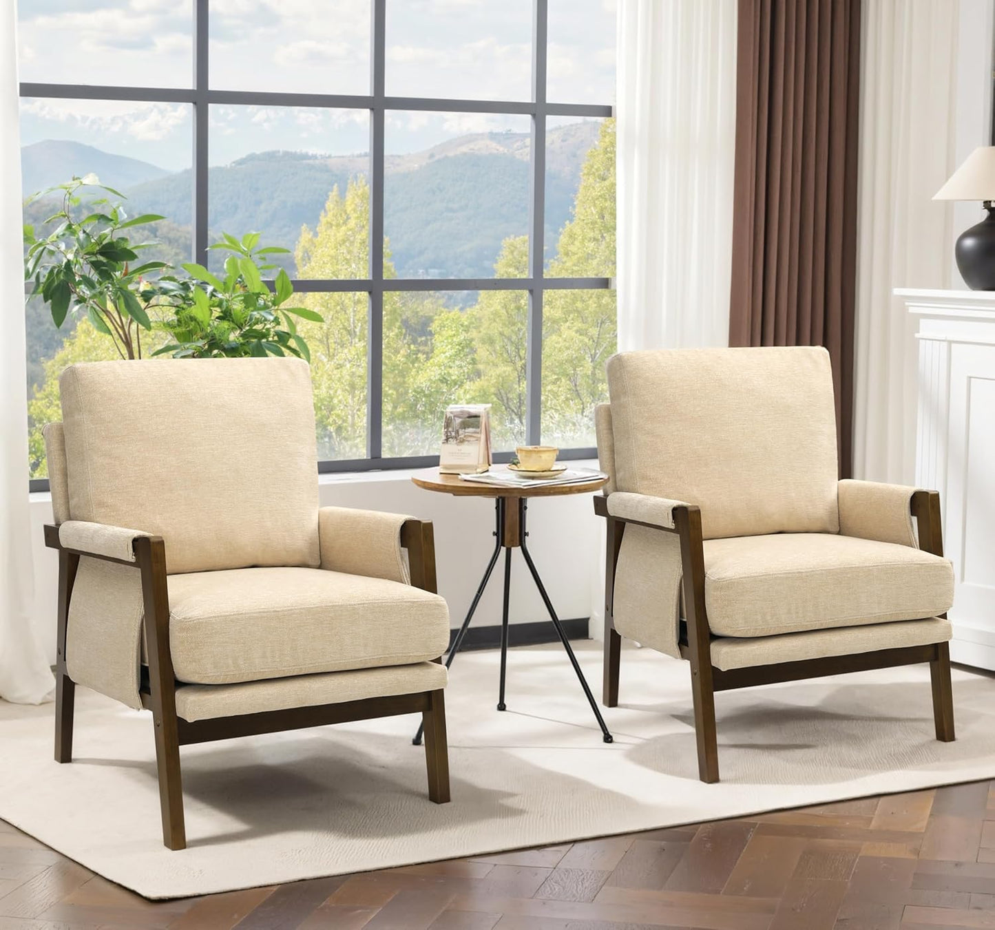 Modern Accent Chairs Set of 2 for Living Room Mid Century Arm Chairs Upholstered Bedroom Chairs Comfy Lounge Chairs with Solid Wood Frame, Beige