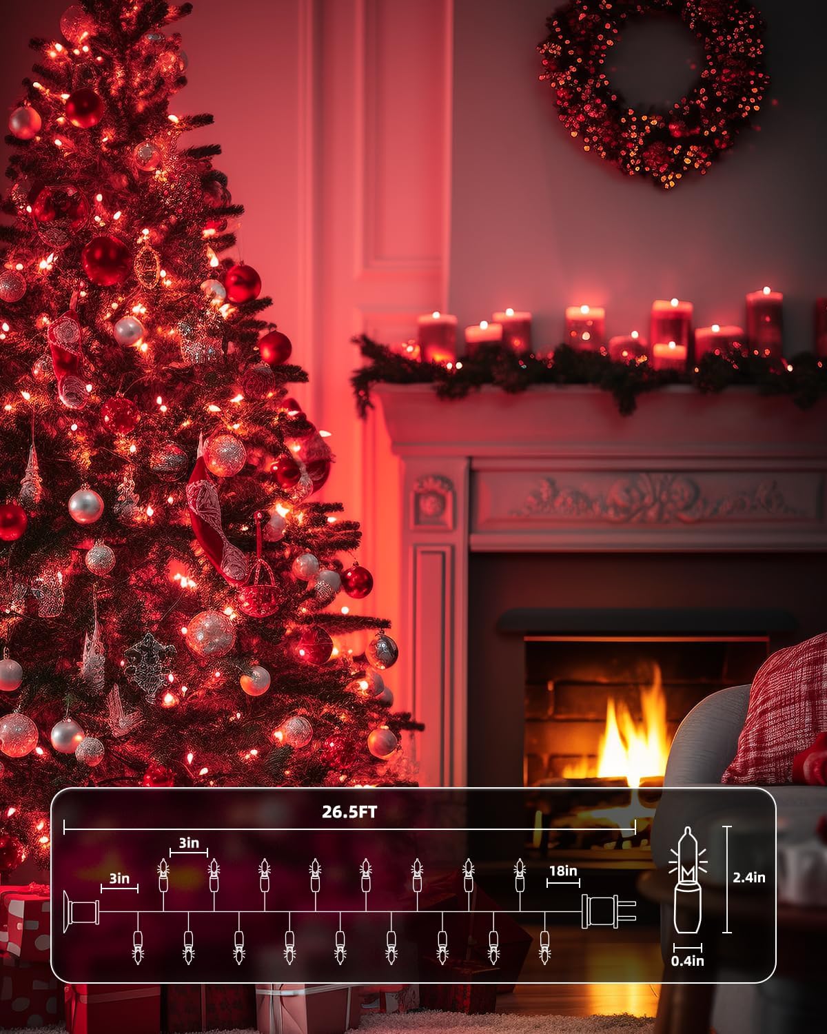 Brightown Red Mini String Lights, 100-Count 26.5ft Incandescent Bulb Valentine's Day Fairy Lights for Indoor Holiday Decoration, Christmas Tree Garland Wedding Party Multi-Use, White Wire