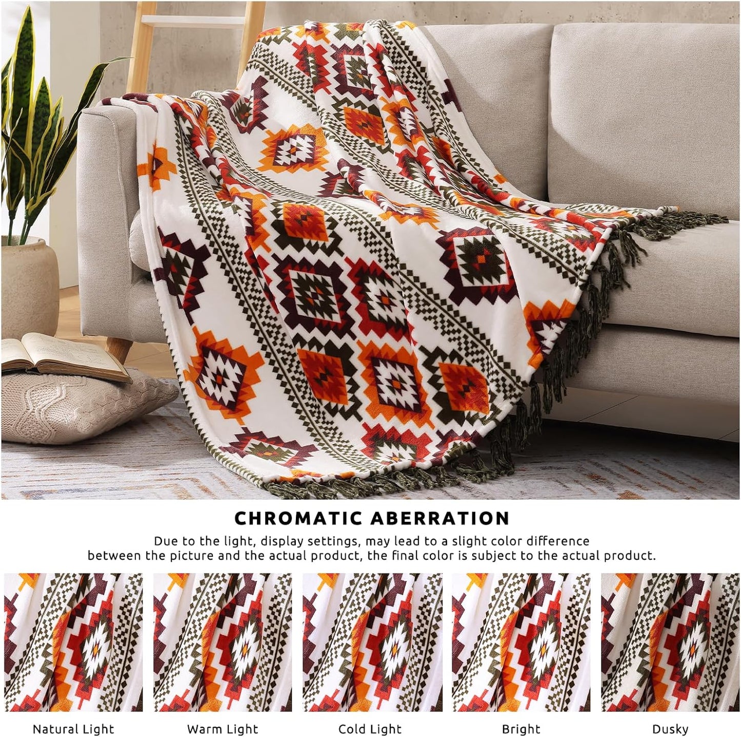 CASAAGUSTO Boho Throw Blanket - Orange and Green Decorative Blankets with Tassel, Printed Flannel Bohemian Blanket for Chair, Bed, Sofa, Couch(60 * 80, Orange and Green)