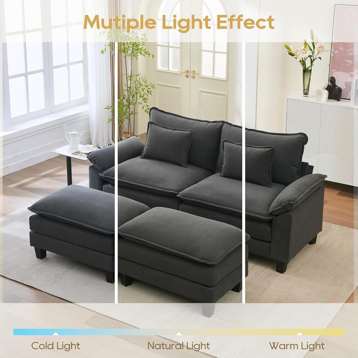 URRED Modular Sectional Sofa Comfy Cloud Couch, Modern Velvet Sofa Sleeper Deep Seat Couches with Ottoman/Pillows for Living Room (Dark Gray, 82.6''- 2 Ottomans)