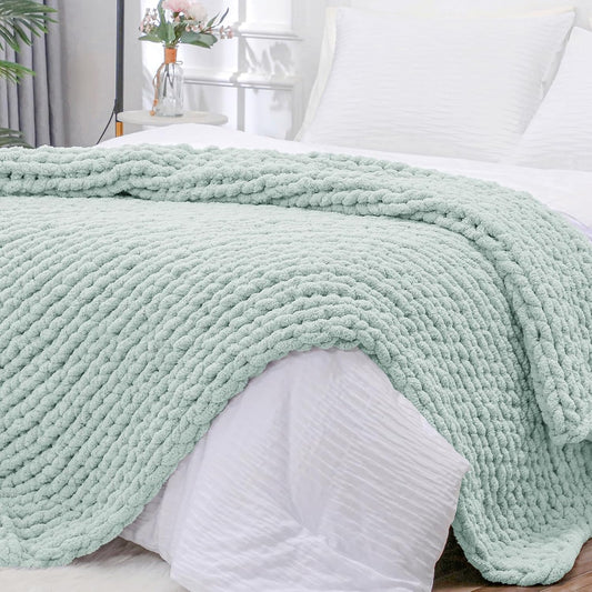 Bigacogo Chunky Knit Throw Blanket for Couch, 40x80 inches, 100% Hand Knitted with Thick Jumbo Chenille Yarn, Cozy Soft Large Rope Knot Cable Crochet Blankets for Sofa Bed Living Room, Mint