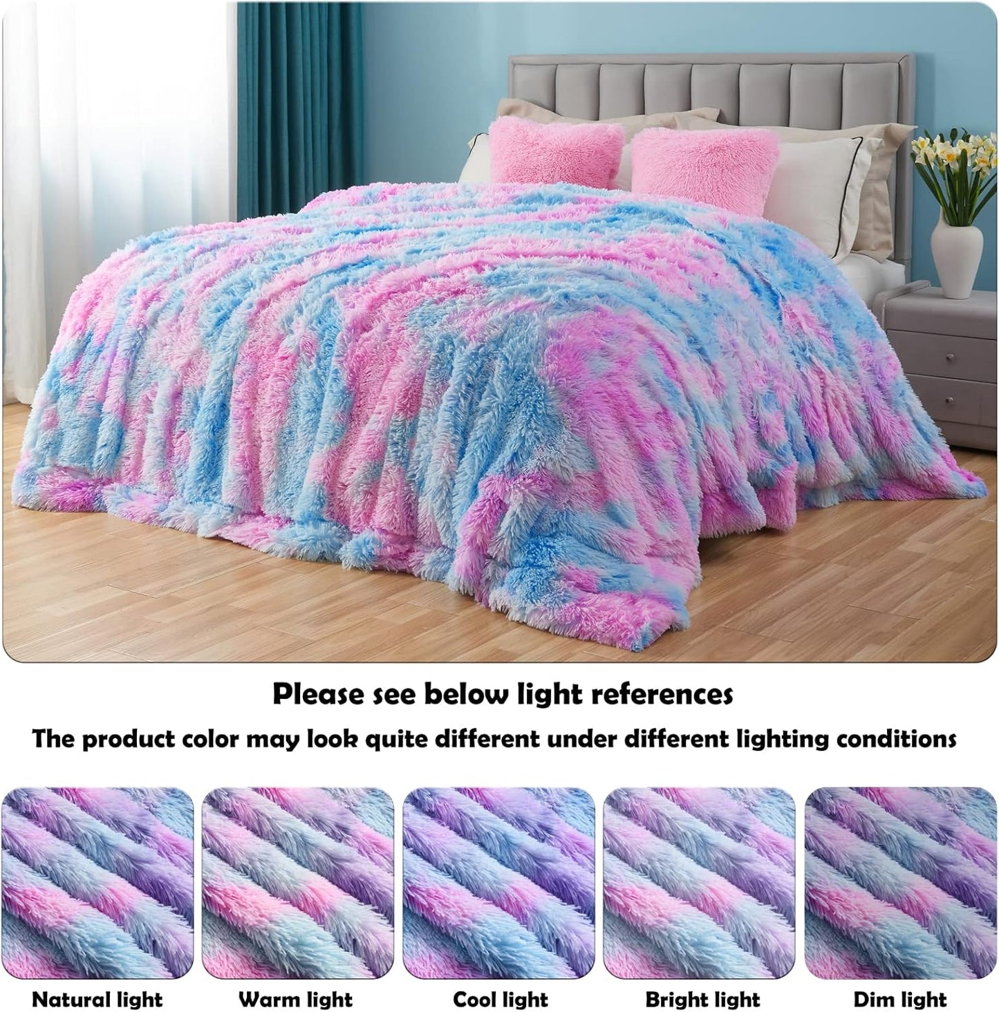 GONAAP Fuzzy Faux Fur Throw Blanket Queen Size Purple Rainbow Super Soft Cozy Plush Fuzzy Shaggy Blanket for Couch Sofa Bed (Purple Rainbow, Queen(90"x90"))