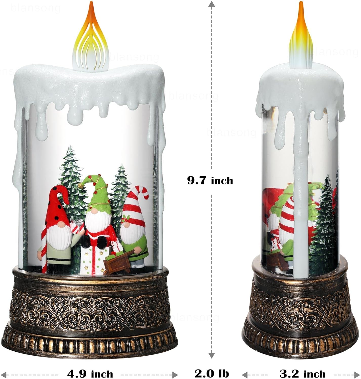 Gnome Snow Globe Candle Christmas Decorations Gifts Auto Snowfall Glitter Music Collection with 6H Timer USB/Battery Powered 9.7 inch