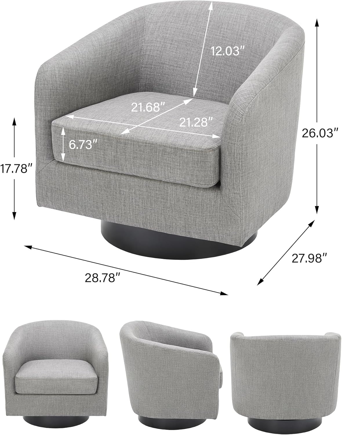 Swivel Barrel Accent Chair Set of 2, Modern Round Linen Arm Chair for Living Room, Bedroom, Comfy Club Reading Chairs for Adults-Linen Fabric Light Grey