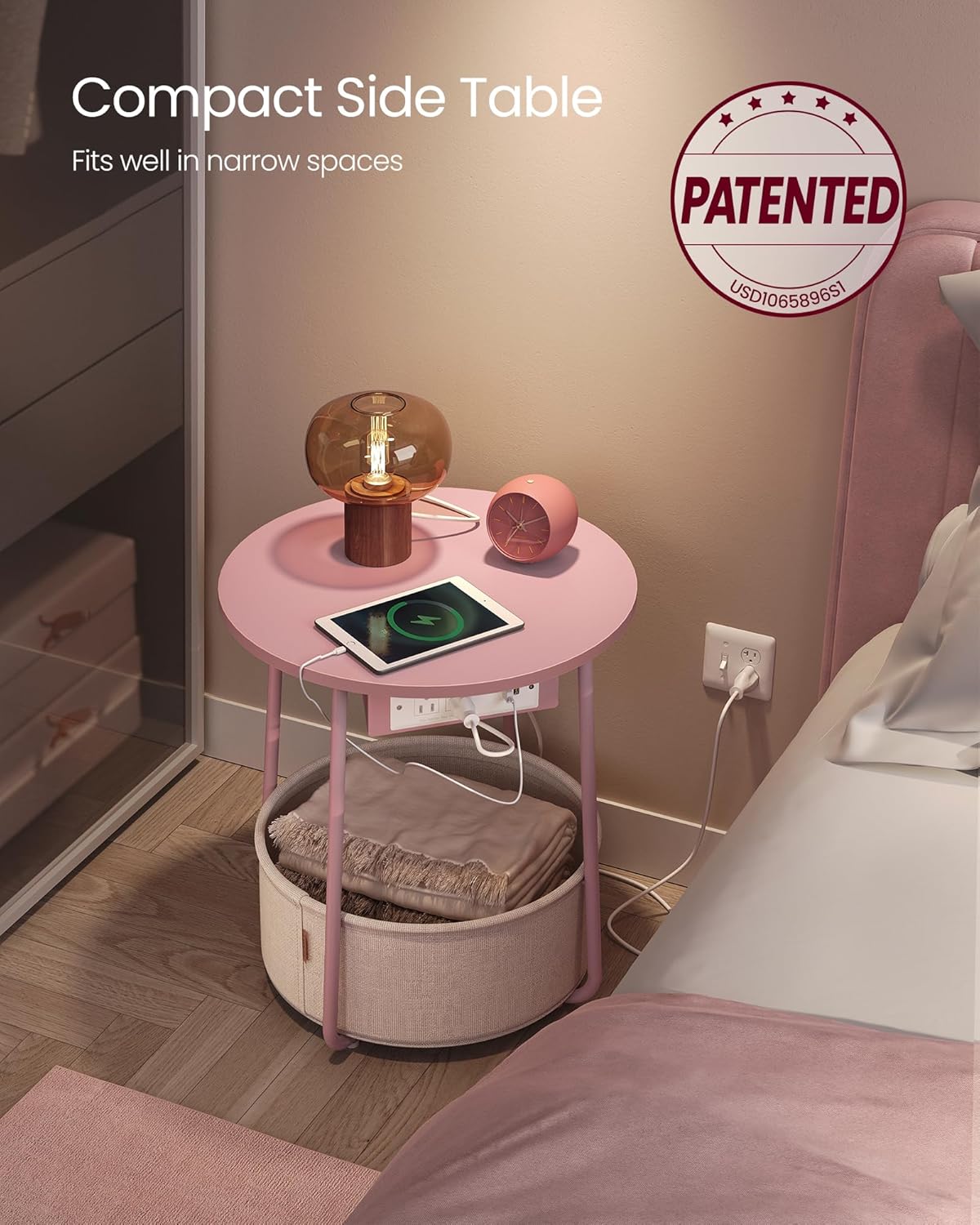 VASAGLE Side Table with Charging Station, Round End Table with Fabric Basket, Nightstand with Power Outlets, USB Ports, for Living Room, Bedroom, Modern, Jelly Pink and Cream White ULET228R01