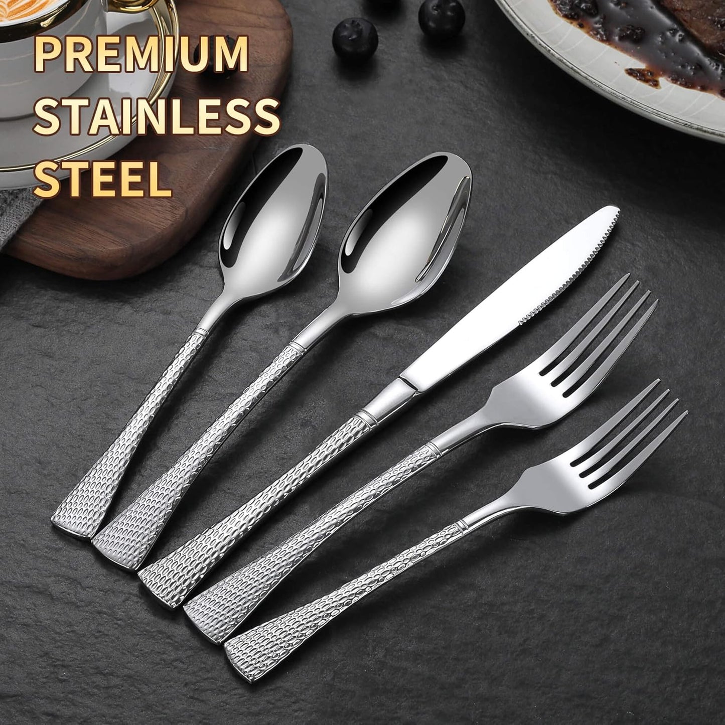 Hammered Silverware Set,20 Piece Modern Flatware Set Service for 4,Mirror Polished Stainless Steel Cutlery Set Utensil Set Tableware Set,Kitchen Knives Forks Spoons Set,Dishwasher Safe