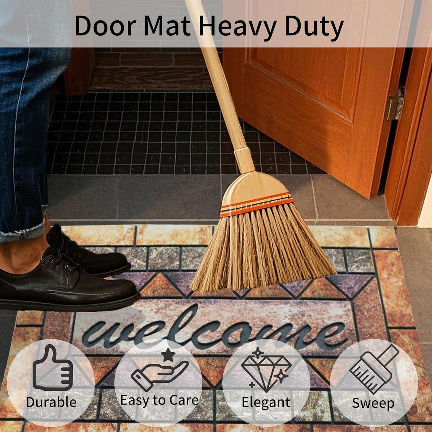 Door Mat Welcome Mat, Heavy Duty Door Mat 17.7 x 29.5 Inch Front Door Mat Rug Doormat for Outdoor Entrance Home Non-Slip Rubber Rug for Front Door, Outside, Entryway, Patio (Brown Welcome)