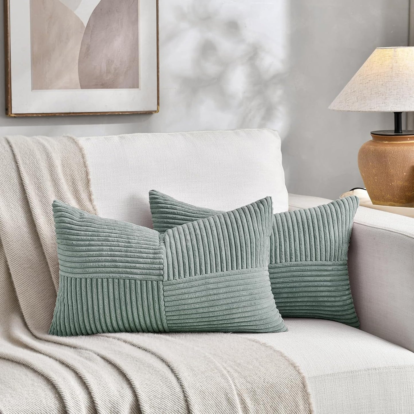 Fancy Homi 2 Packs Grey Blue Long Lumbar Decorative Throw Pillow Covers 16x24 Inch for Couch Bed Sofa, Rustic Farmhouse Boho Home Decor, Soft Striped Corduroy Rectangle Accent Cushion Case 40x60 cm