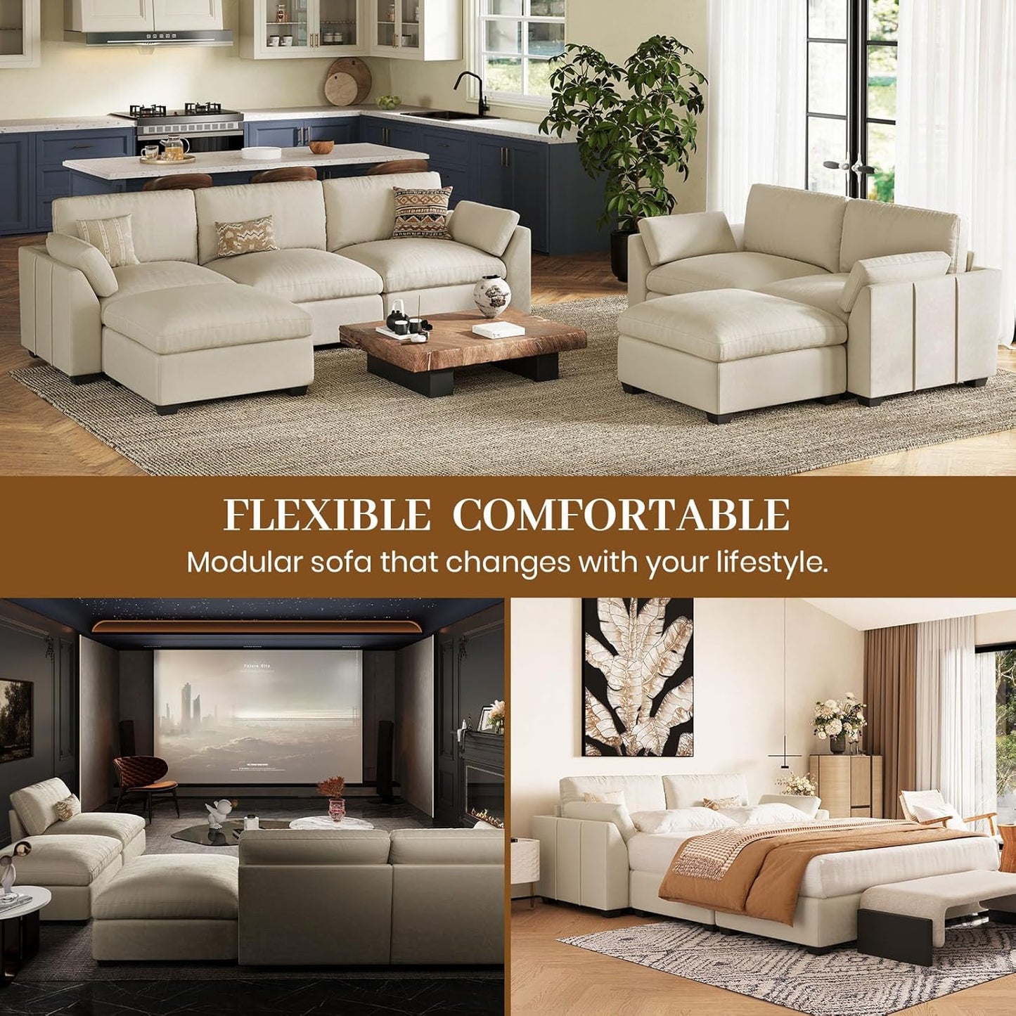 Belffin Oversized Sectional Couch with Movable Ottoman,Modern 137.8" 9-Seater Modular Sectional Sofa,Convertible Velvet U Shaped Sectional Couches for Living Room,Beige